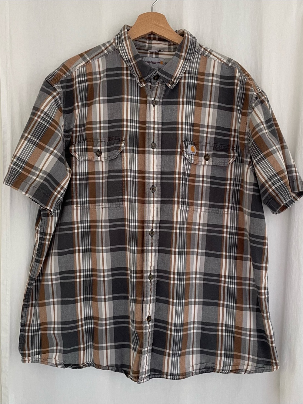 Carhartt Short Sleeve Plaid Button-Down in Brown, Gray, White
